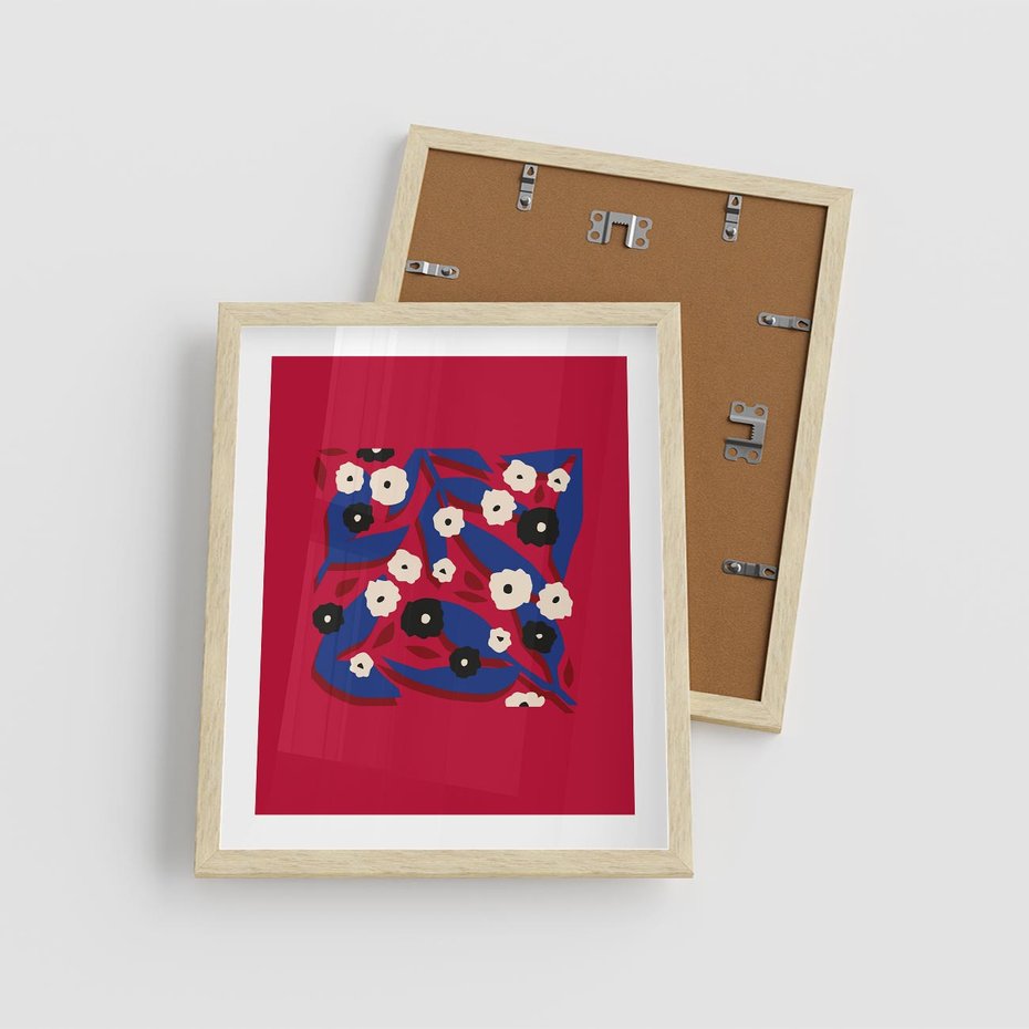 Plakat w ramie 40x50 - Kolorowe Przenikanie - abstrakcyjna kwiatowa kompozycja, czerwone mocne tło - rama drewno