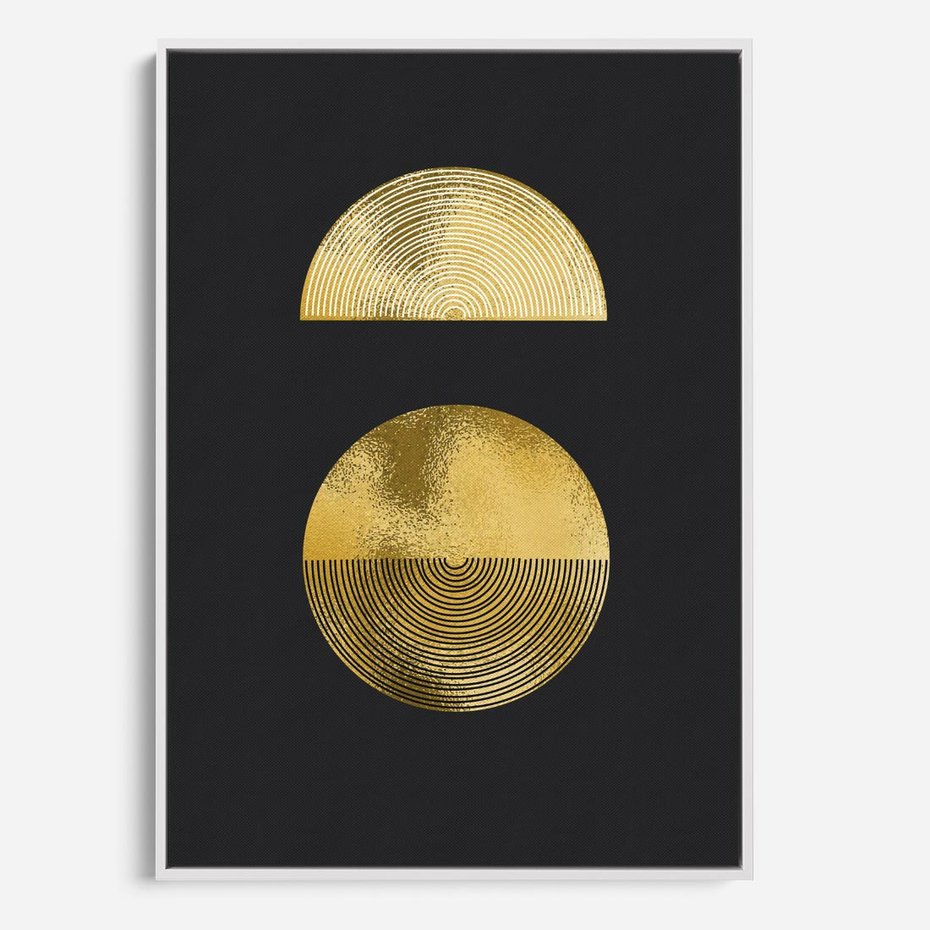 Obraz w ramie 50x70 - Migotliwe Przeniknięcia - złote koła, czarne tło - rama biała