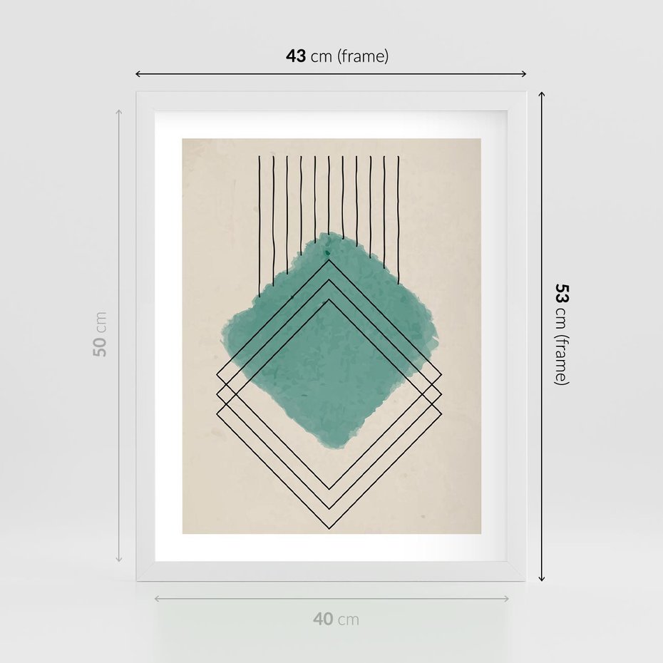 Plakat w ramie 40x50 - Impresje Przestrzeni - akwarelowa plama, geometryczne szkicowane kształty - rama biała