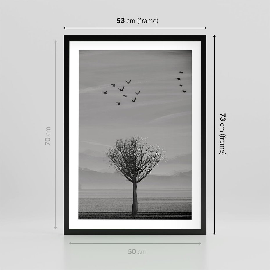 Plakat w ramie 50x70 - Samotne Drzewo - samotne drzewo w polu, czarno białe zdjęcie - rama czarna