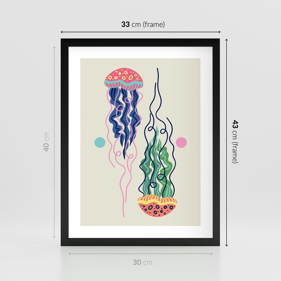 Plakat w ramie 30x40 - Morskie Pulsacje - nowoczesny optymistyczny plakat, kolorowe meduzy - rama czarna