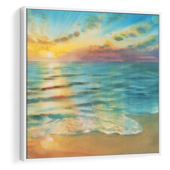 Obraz w ramie 50x50 - Objawienie Fioletowego Świtu - fioletowy wschód słońca, słońce wschodzi nad morzem - rama biała