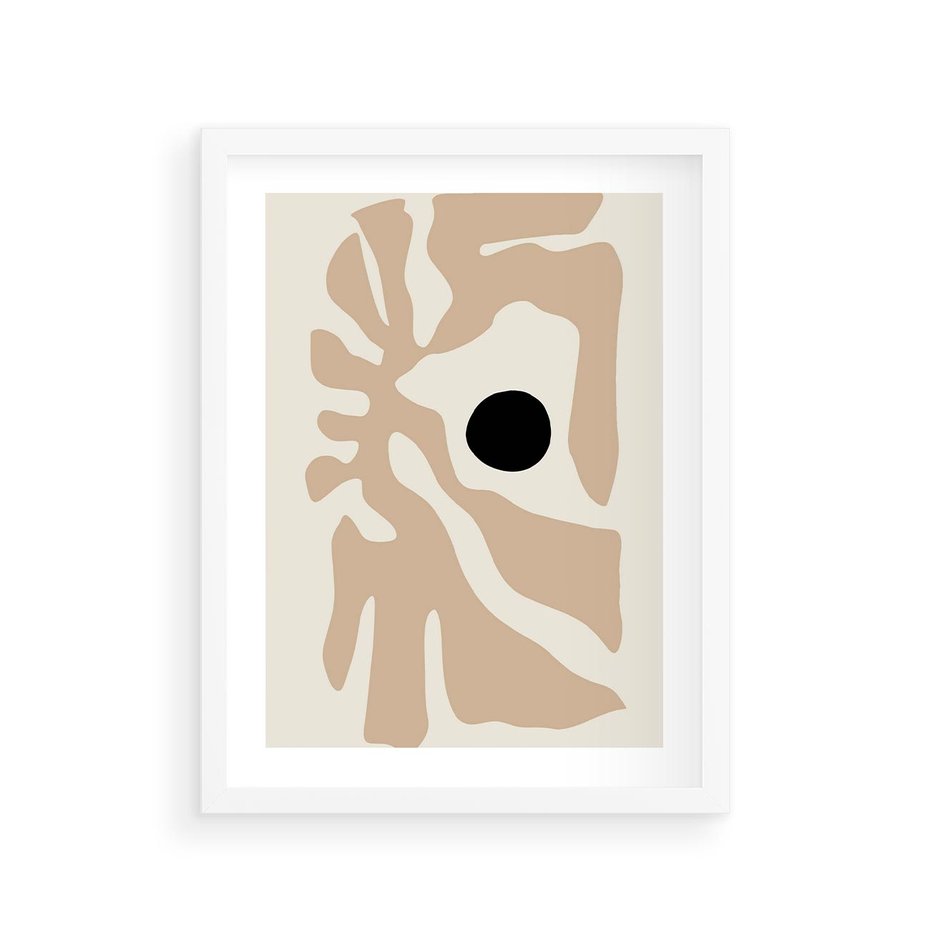 Plakat w ramie 30x40 - Eksploracja Abstrakcji - beżowa absrakcyjna kompozycja, czarny akcent - rama biała