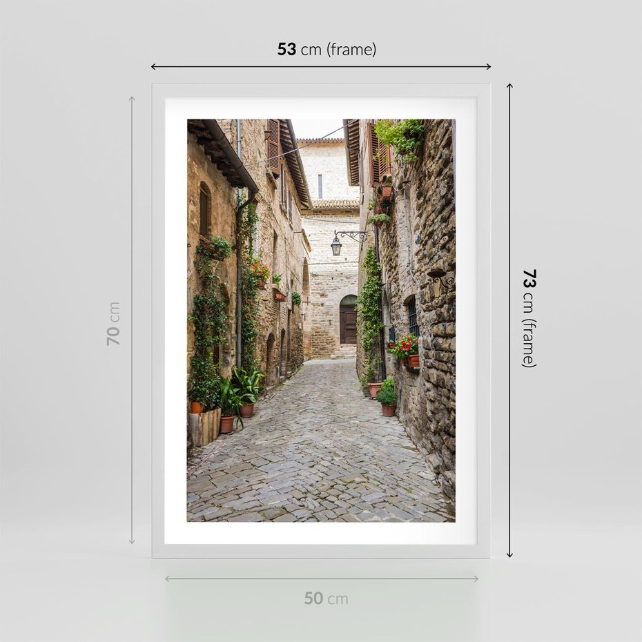 Plakat w ramie 50x70 - Urok Uliczki we Włoszech - uliczka, Włochy - rama biała