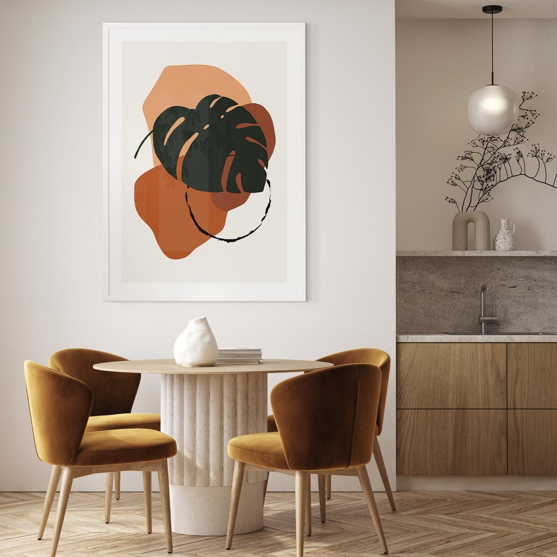 Plakat bez ramy 50x70 - Brązowa Ekspresja - liść monstery, boho obraz