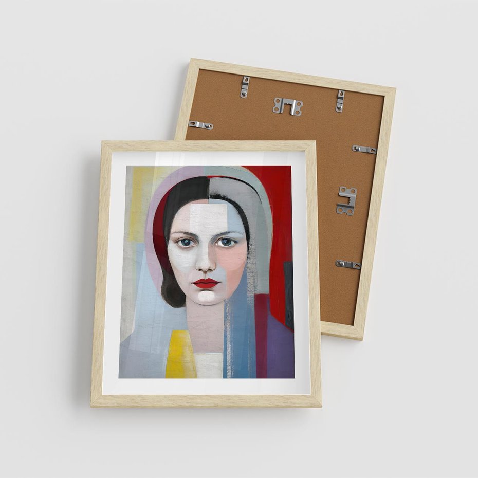 Plakat w ramie 40x50 - Kolorowe Granice Form - abstrakcyjny obraz olejny, portret twarzy kobiety - rama drewno