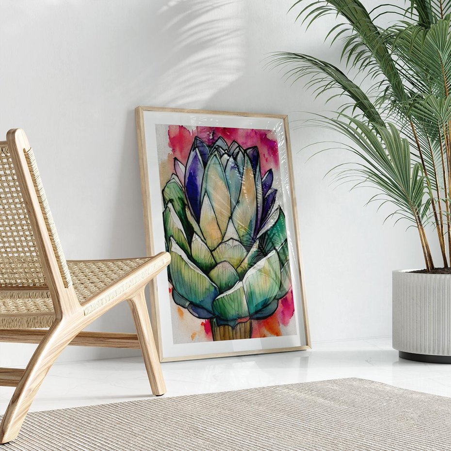 Plakat w ramie 50x70 - Estetyczna Roślina - abstrakcja, akwarela - rama drewno