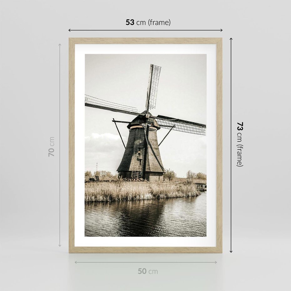 Plakat w ramie 50x70 - Holenderski Wiatrak w Sepii - holenderski wiatrak, młyn - rama drewno