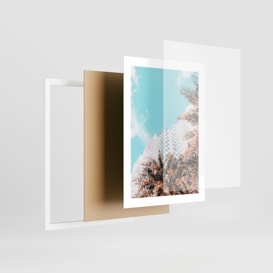 Plakat w ramie 30x40 - Wakacyjny Raj - palmy, wysokie budynki - rama biała