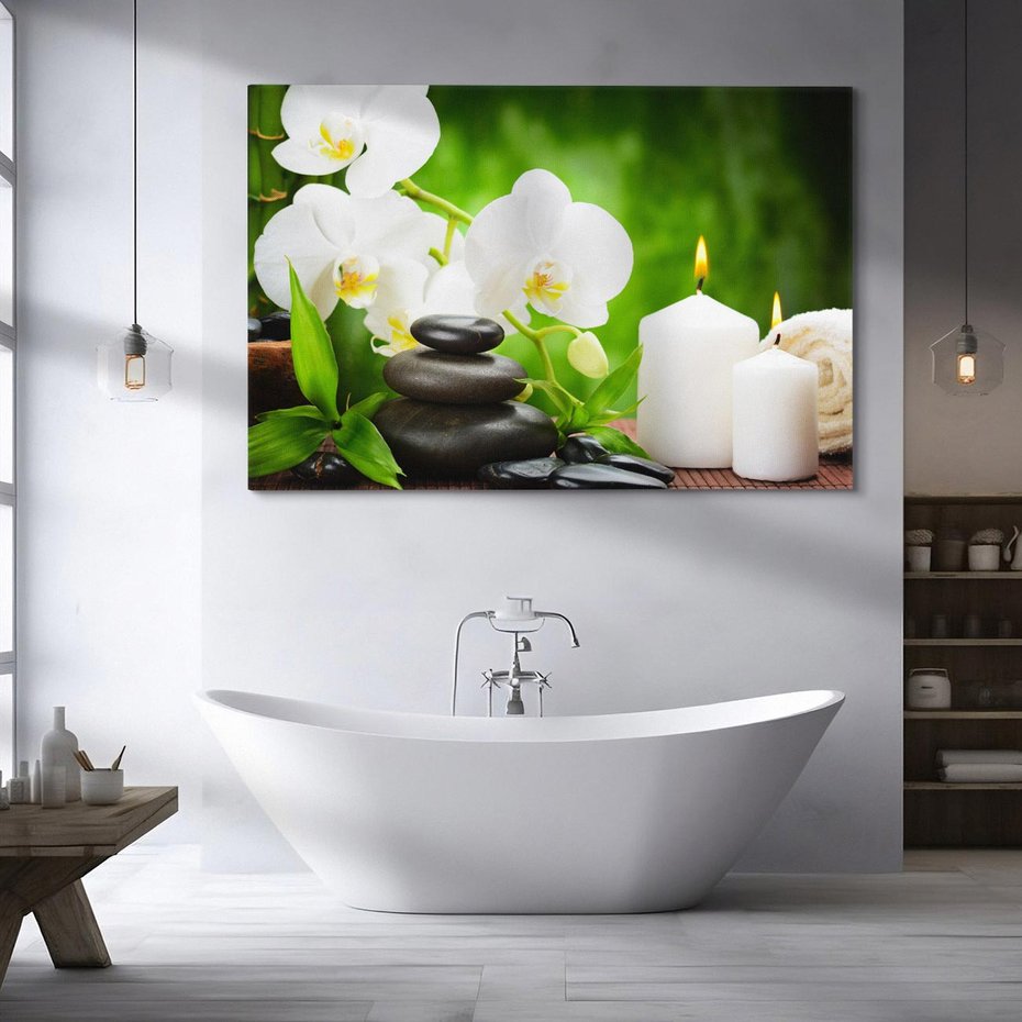 Obraz na płótnie 100x70 - Relaksacyjny SPA: masaż z kamieniami i kwiatami - SPA, masaż