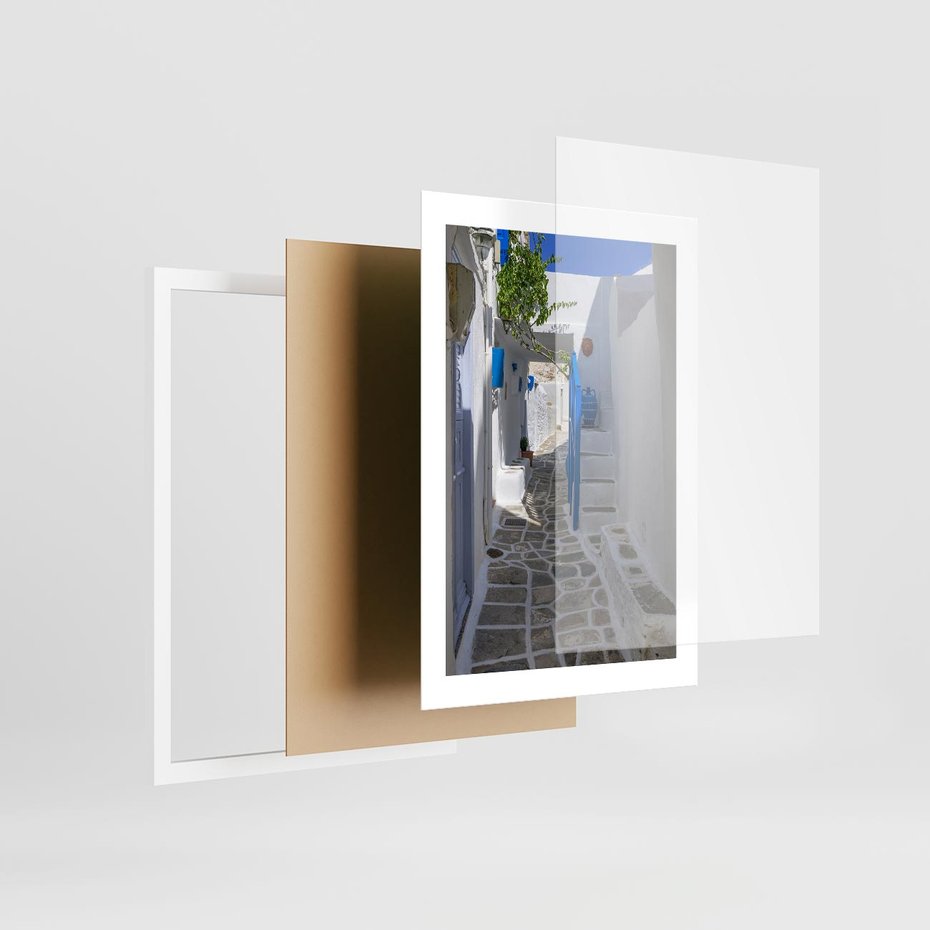 Plakat w ramie 30x40 - Uroki Santorini: Perspektywiczna Uliczka - uliczka, perspektywa - rama biała