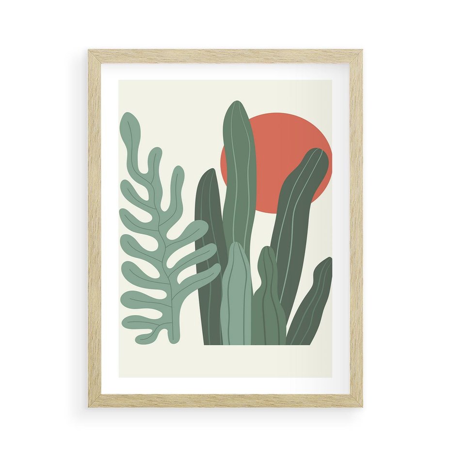 Plakat w ramie 50x70 - Graficzna Harmonia: Liście i Rośliny na Plakacie - liście, grafika - rama drewno