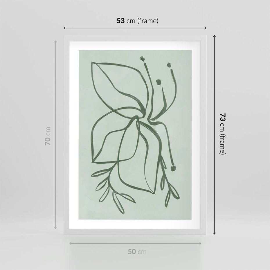 Plakat w ramie 50x70 - Energetyczne Odrodzenie Natury - abstrakcyjne delikatne zielone linie, podobne do gałęzi kwiatów - rama biała