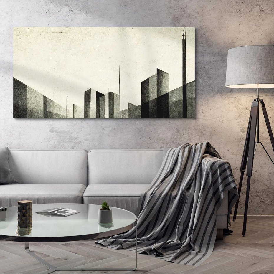 Obraz na płótnie 120x60 - Mroczne Wieżowce - postarzana grafika, perspektywa budynków wieżowców