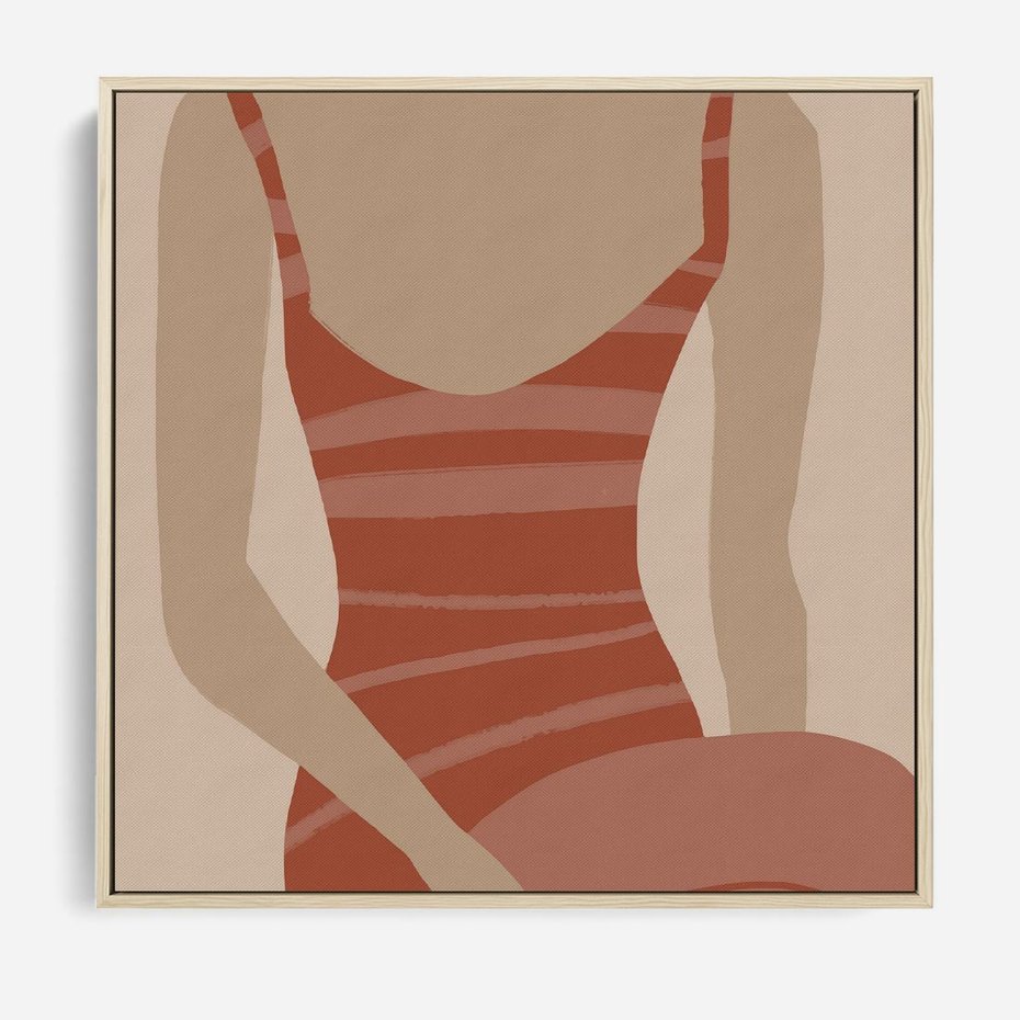 Obraz w ramie 50x50 - Kobiece Retro - minimalistyczny boho plakat, retro kobieta w stroju kąpielowym - rama drewno
