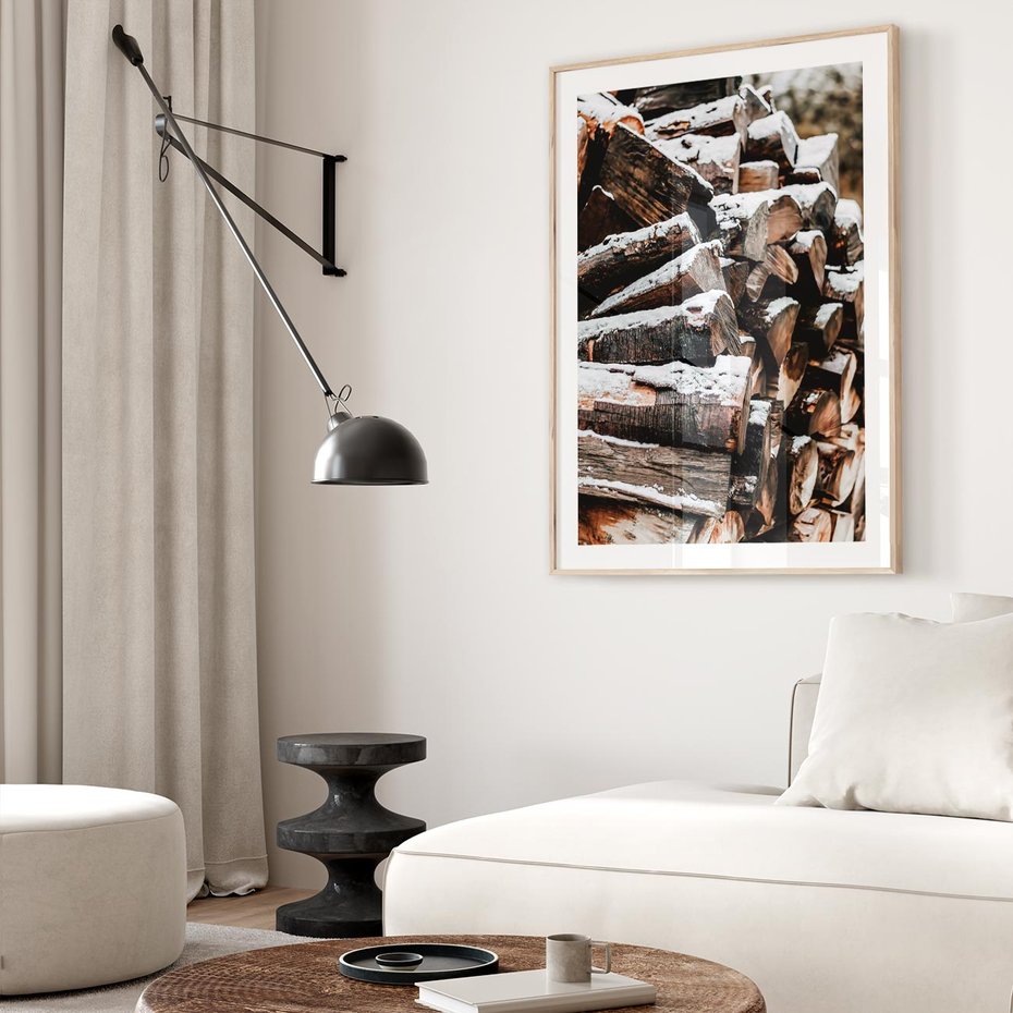 Plakat w ramie 40x50 - Zimowa Drewniana Idylla - drewno, kłody - rama drewno