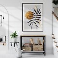 Plakat w ramie 40x50 - Grafika z Czarnym Liściem Palmy - czarny liść palmy, złóte kołó - rama czarna