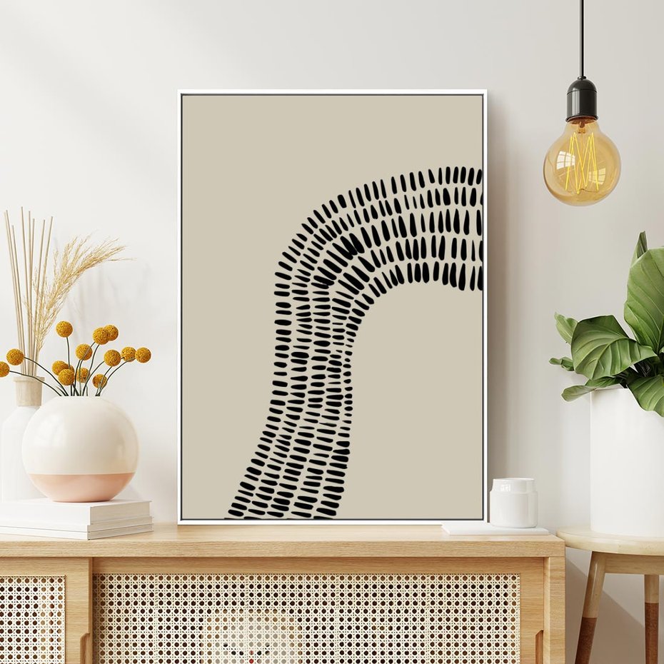 Obraz w ramie 80x120 - Migotliwa Innowacyjna Ekspresja - boho plakat, czarne kropki kreski - rama biała