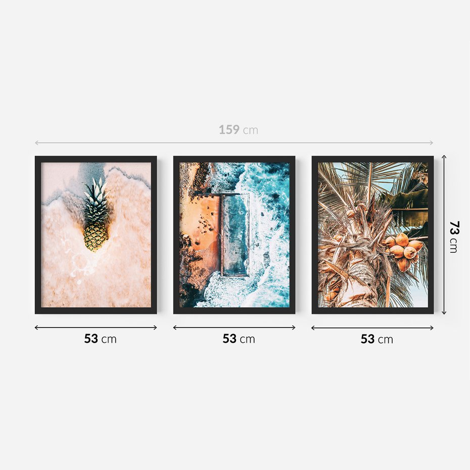 Zestaw obrazy w ramie 50x70 galeria - Plaża, morze, ananas, kokosy, palmy - rama czarna