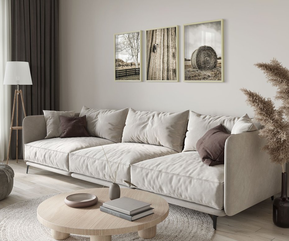 Zestaw obrazy w ramie 50x70 galeria - Pole, wieś, snopki, siana - rama drewno