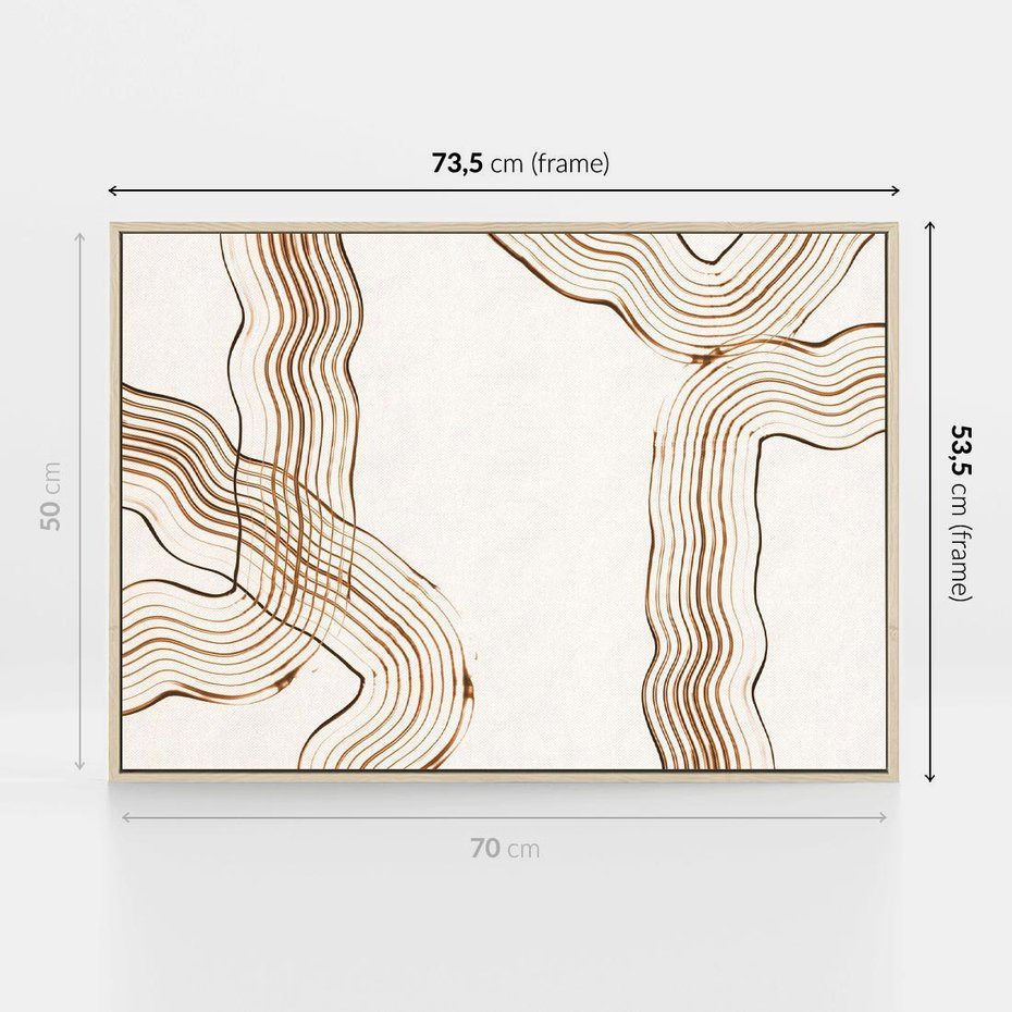 Obraz w ramie 70x50 - Ścieżki pędzla i myśli - minimalistyczna kompozycja, abstrakcyjne brązowe linie na białym tle - rama drewno