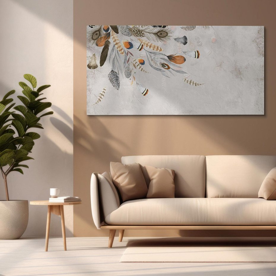 Obraz na płótnie 100x50 - Sploty losu na płótnie - kompozycja boho piór, indiańskie pióra