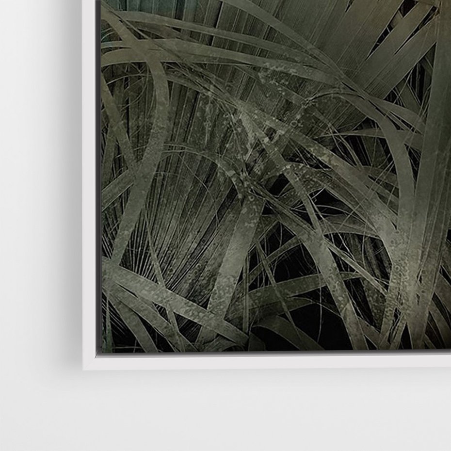 Obraz w ramie 70x100 - Światło w mroku duszy - liście traw, mroczny klimat - rama biała