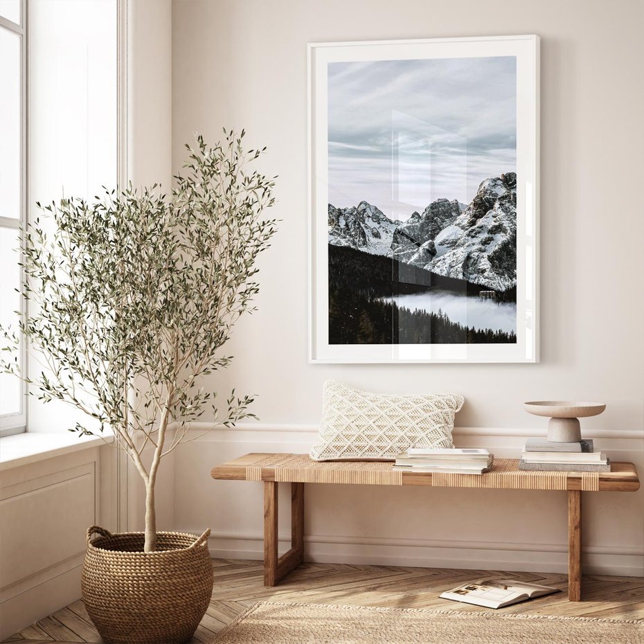 Plakat w ramie 30x40 - Malowniczy Krajobraz ze Śniegiem - góry, śnieg - rama biała