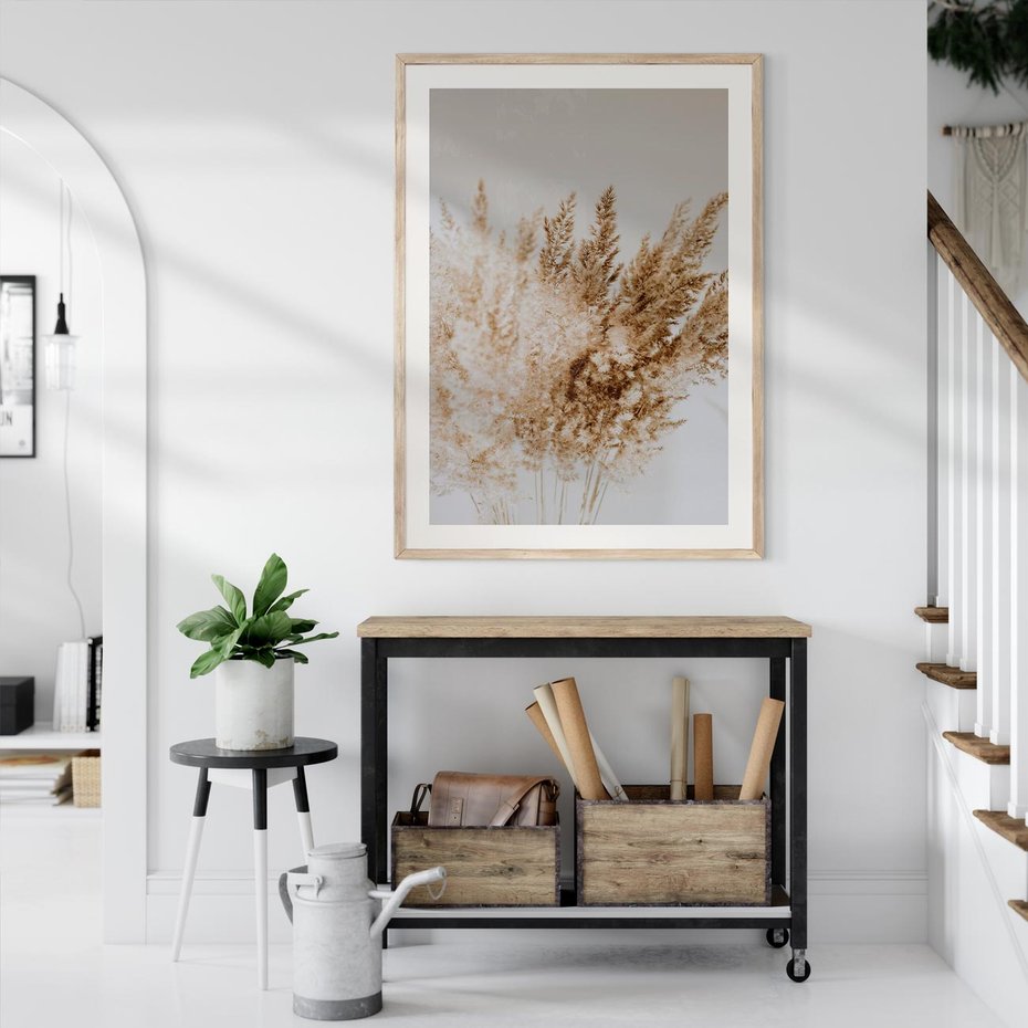 Plakat w ramie 40x50 - Boho Urok Traw Pampasowych - suche trawy, pampas - rama drewno