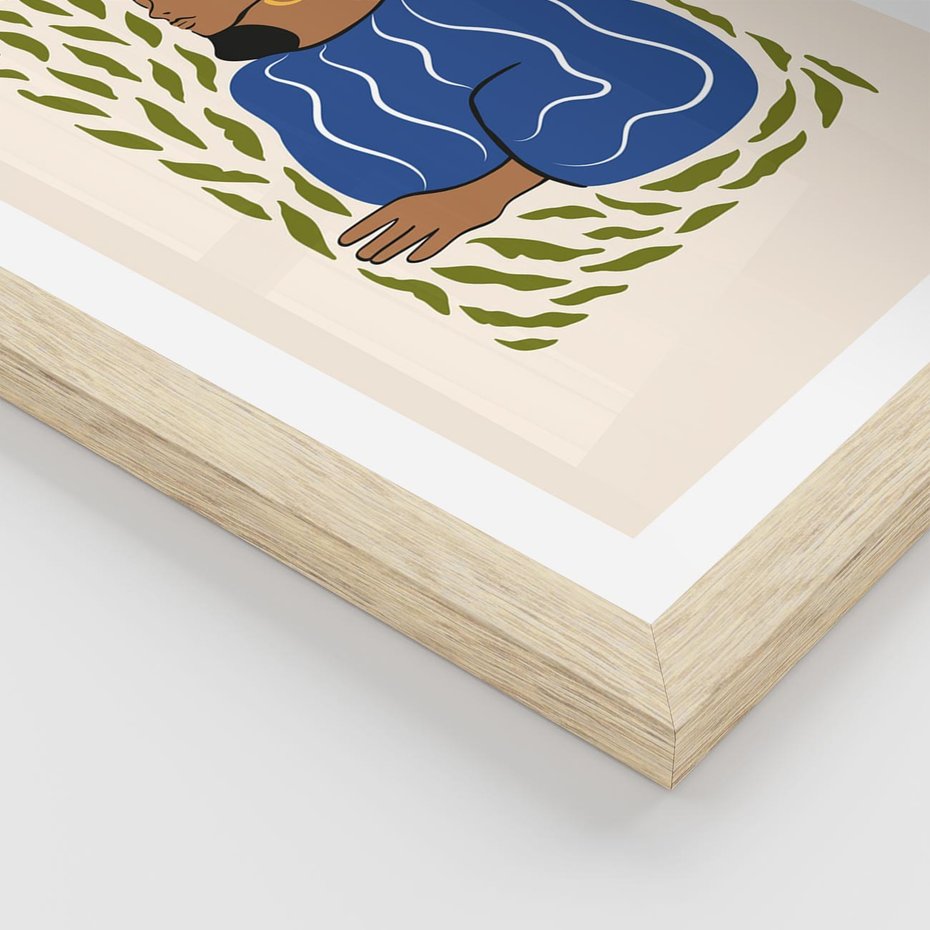 Plakat w ramie 40x50 - Rozbite Barwy - nowoczesny plakat, kobieta otoczona liśćmi - rama drewno