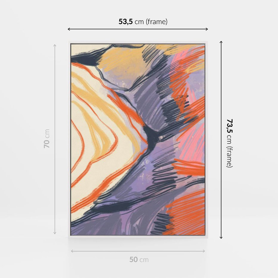 Obraz w ramie 50x70 - Pokreślony Świat - abstrakcyjne formy, odcienie pomarańczu i fioletu - rama biała