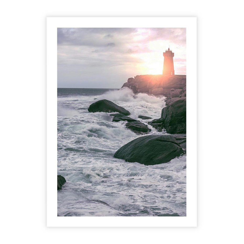 Plakat bez ramy 21x30 - Latarnia, Zachód Słońca i Fale - latarnia na klifie, zachód słońca