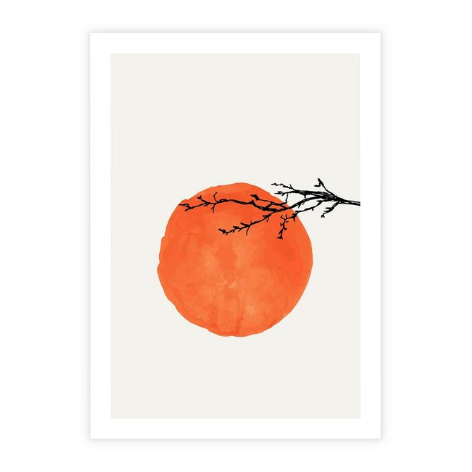 Plakat bez ramy 21x30 - Słońce i Gałązka - pomarańczowe słońce, gałązka