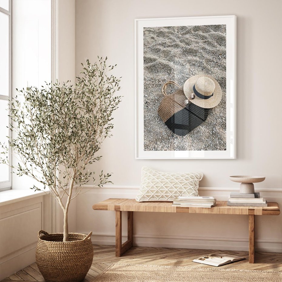 Plakat bez ramy 21x30 - Plażowe Przygotowania - torba plażowa, kapelusz