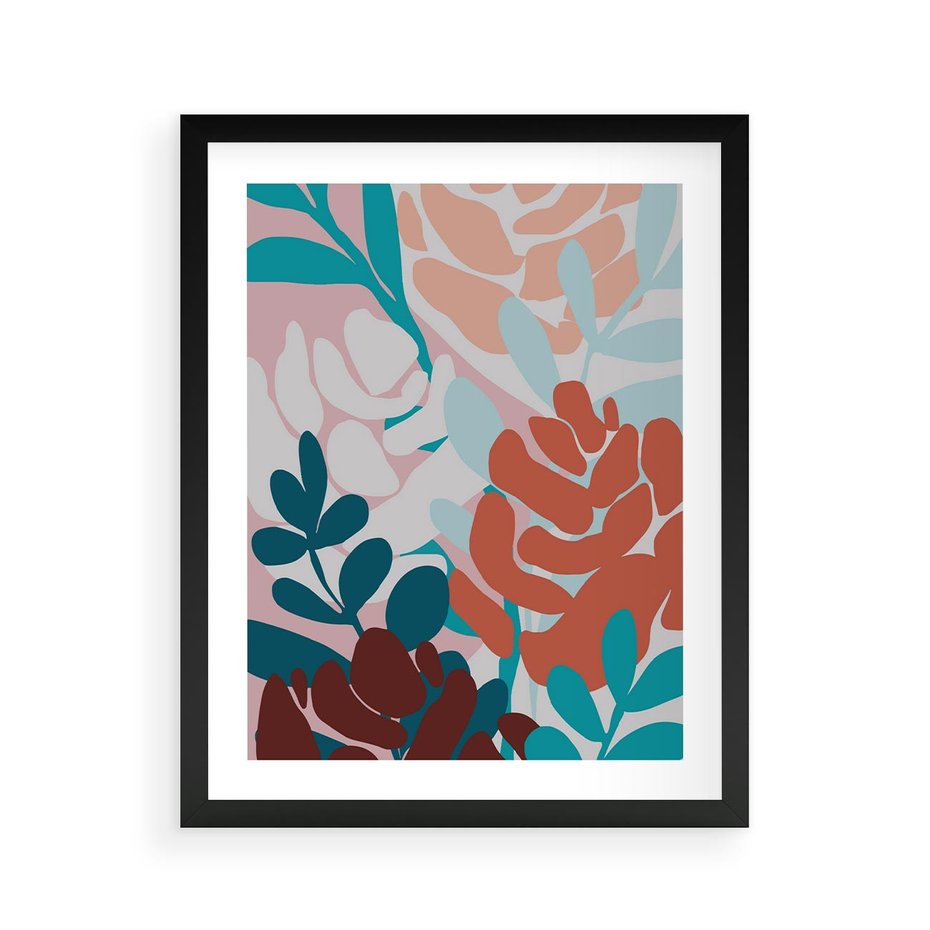 Plakat w ramie 40x50 - Impresje Kształtów - abstrakcyjna kompozycja kwiatowych form, kolor zgaszone - rama czarna