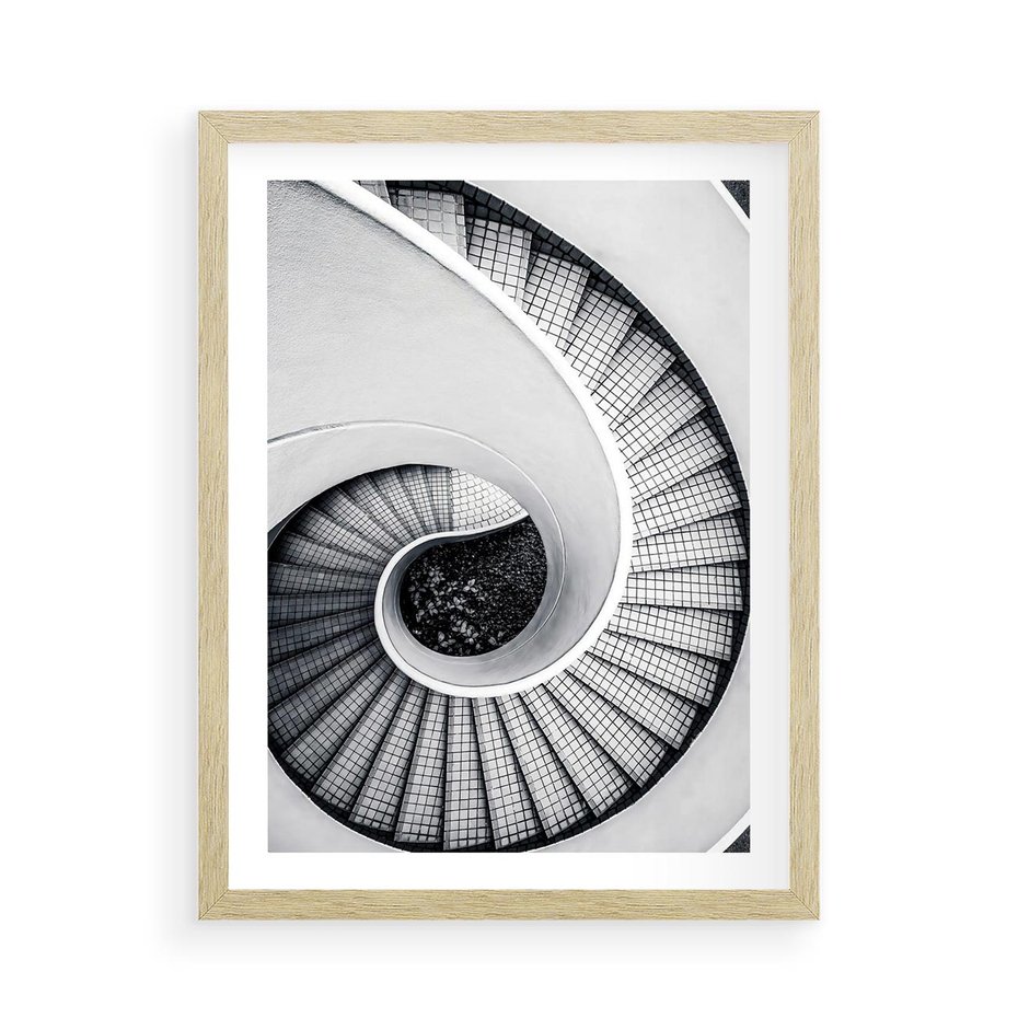 Plakat w ramie 50x70 - Nowoczesne Schody: Kręcone Piękno - nowoczesna architektura, kręcone schody - rama drewno