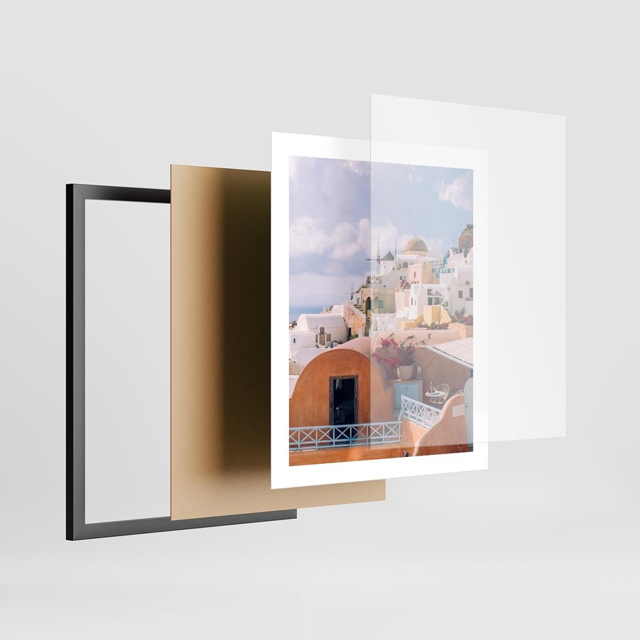 Plakat w ramie 40x50 - Błękit Morza i Białe Domki - Santorini, wyspa - rama czarna