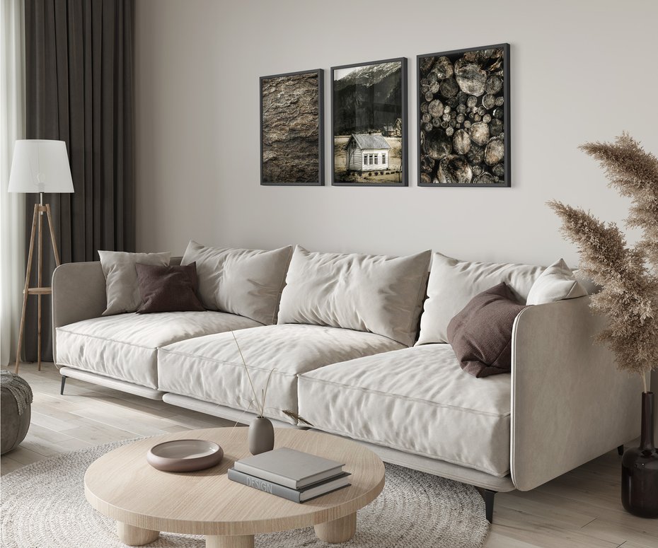 Zestaw obrazy w ramie 50x70 galeria - Sepia, domek, w, górach - rama czarna