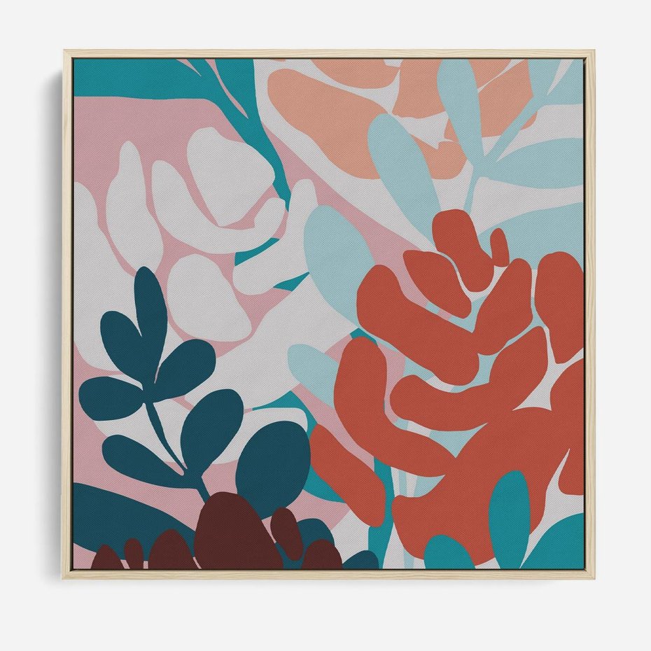 Obraz w ramie 50x50 - Impresje Kształtów - abstrakcyjna kompozycja kwiatowych form, kolor zgaszone - rama drewno