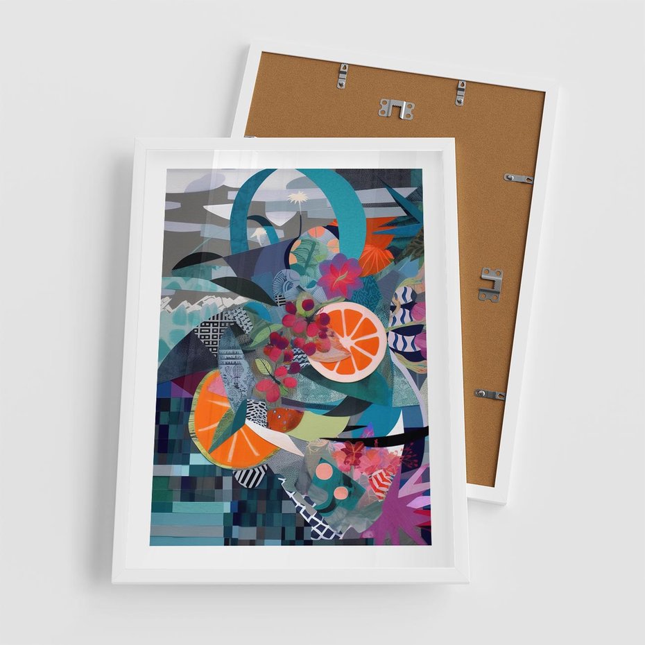 Plakat w ramie 50x70 - Migocące Widoki Harmonii - abstrakcyjny obraz, jak picasso - rama biała