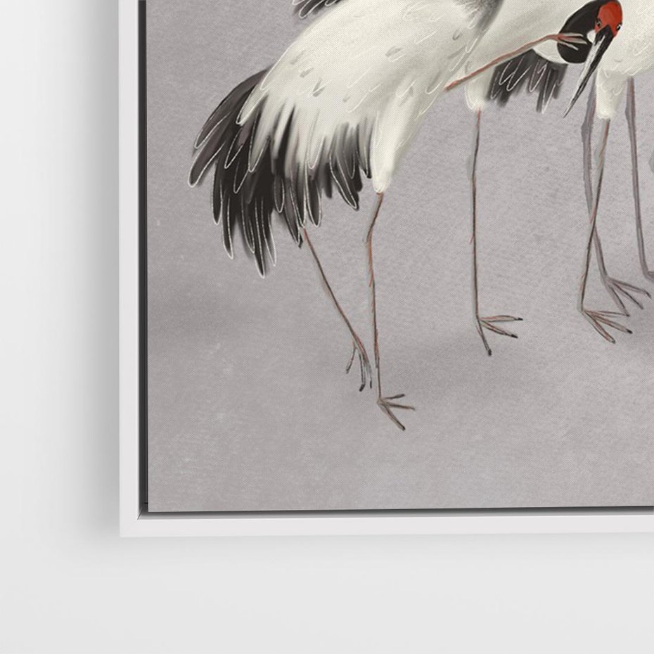 Obraz w ramie 100x70 - Spojrzenie wstecz w pędzlu - szkic rysunek, japońskie żurawie - rama biała