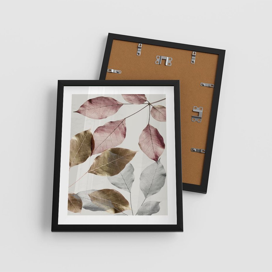 Plakat w ramie 40x50 - Pastelowe Liście z Nutką Złota - liście, pastelowe kolory - rama czarna