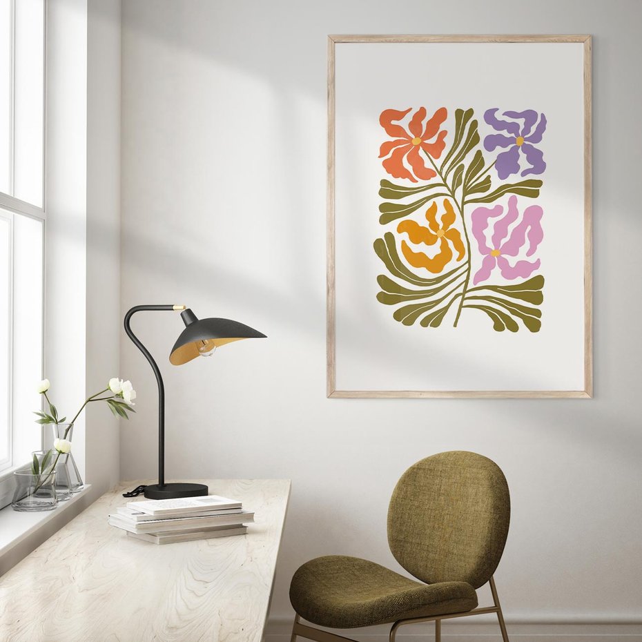 Plakat w ramie 30x40 - Rozplątane Wizje - abstrakcyjne kolorowe kwiaty, minimlizm - rama drewno