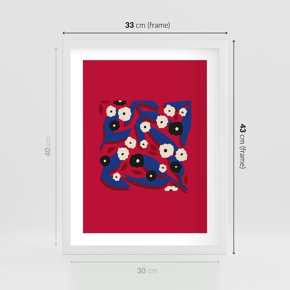 Plakat w ramie 30x40 - Kolorowe Przenikanie - abstrakcyjna kwiatowa kompozycja, czerwone mocne tło - rama biała