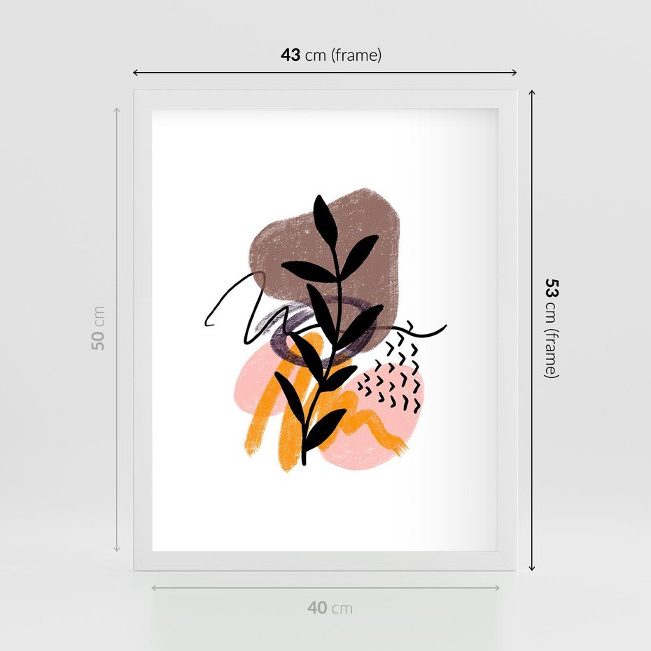 Plakat w ramie 40x50 - Echa Kształtującej się Wyobraźni - abstrakcyjna sztuka, liść gałązka - rama biała