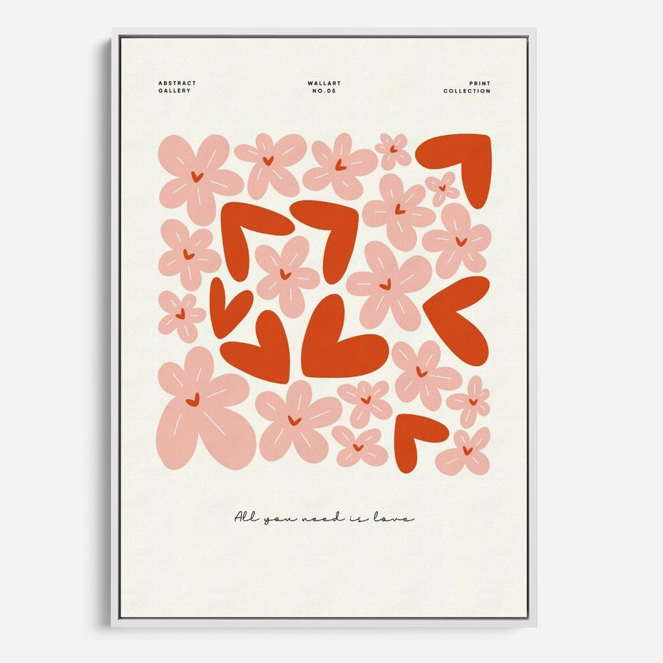 Obraz w ramie 50x70 - Miłość w Kompozycji - grafika, kompozycja kwiaty i serca - rama biała