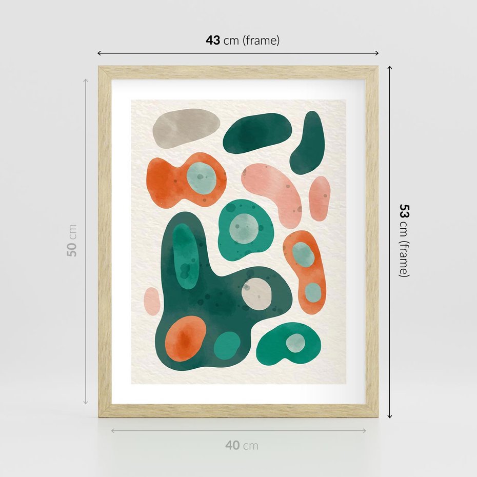 Plakat w ramie 40x50 - Kolorowe Przenikanie - przypadkowe abstrakcyjne plamy, pomarańczowy i zielony - rama drewno