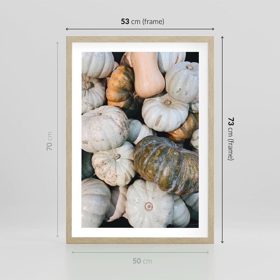 Plakat w ramie 50x70 - Minimalizm Jesieni - dynie, białe - rama drewno