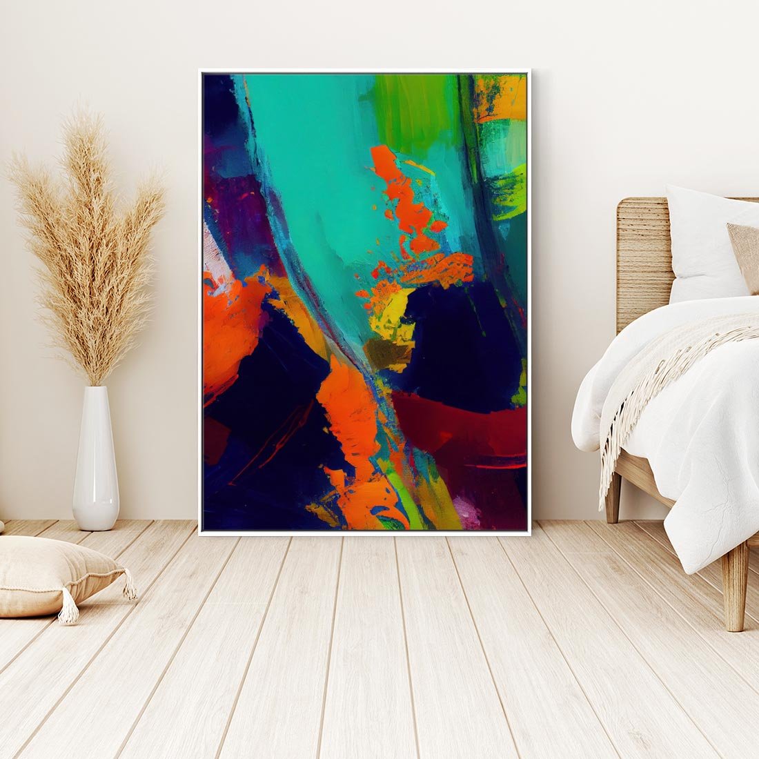 Obraz w ramie 70x100 - Abstrakcyjne wizje czasu - żywe radosne kolory, plamy kolory - rama biała