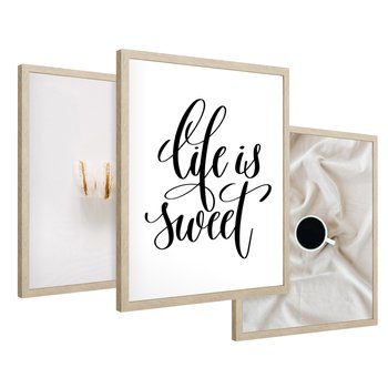 Zestaw obrazy w ramie 30x40 galeria - Makaroniki, kawa, typografia, napisy - rama drewno